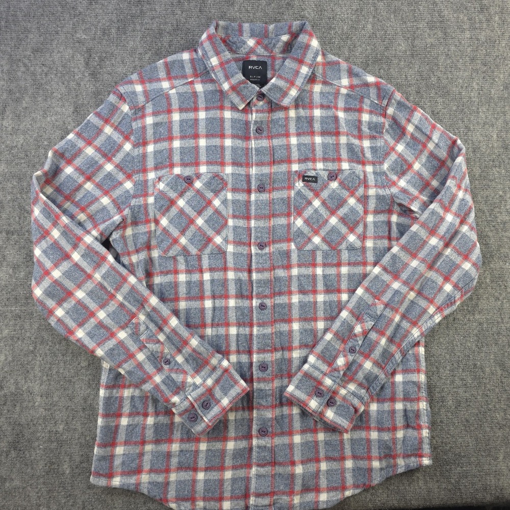 Rvca Shirt Small Flannel Long‎ Sleeve Button Up Red Blue Plaid Pockets Outdoors